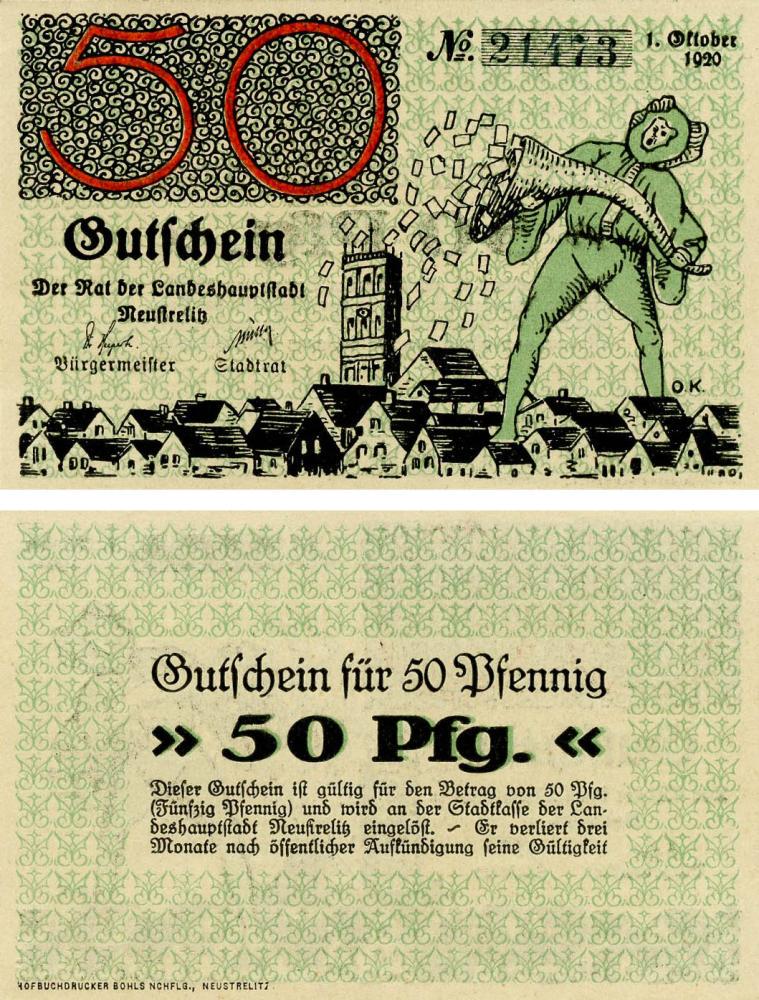 Коллекционная банкнота Германия Нотгельд 50 пфеннигов 1920 F-VF Нойштрелиц (Б18634)