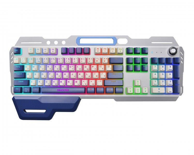 Клавиатура Maxxter KBG-RGB-01-UA USB RGB-подсветка со встроенными эффектами 104 кнопки съемная Серебристый/Темно-синий Клавиатура Maxxter KBG-RGB-01-UA USB RGB-подсветка со встроенными эффектами 104 кнопки съемная Серебристый/Темно-синий