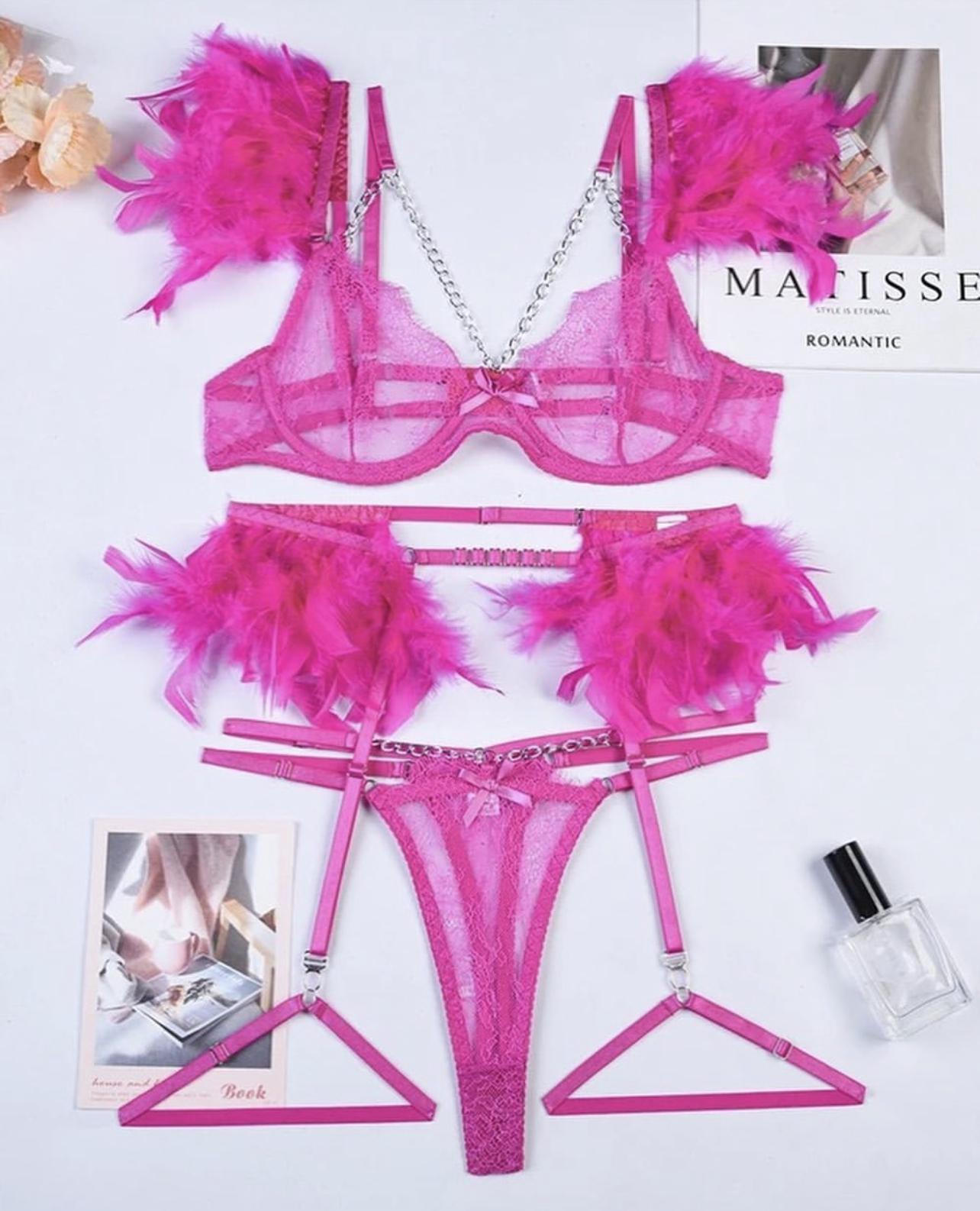 Комплект жіночої білизни з пір‘ям Ліф/трусики/пояс/підв‘язки М Рожевий (0002М) - фото 5