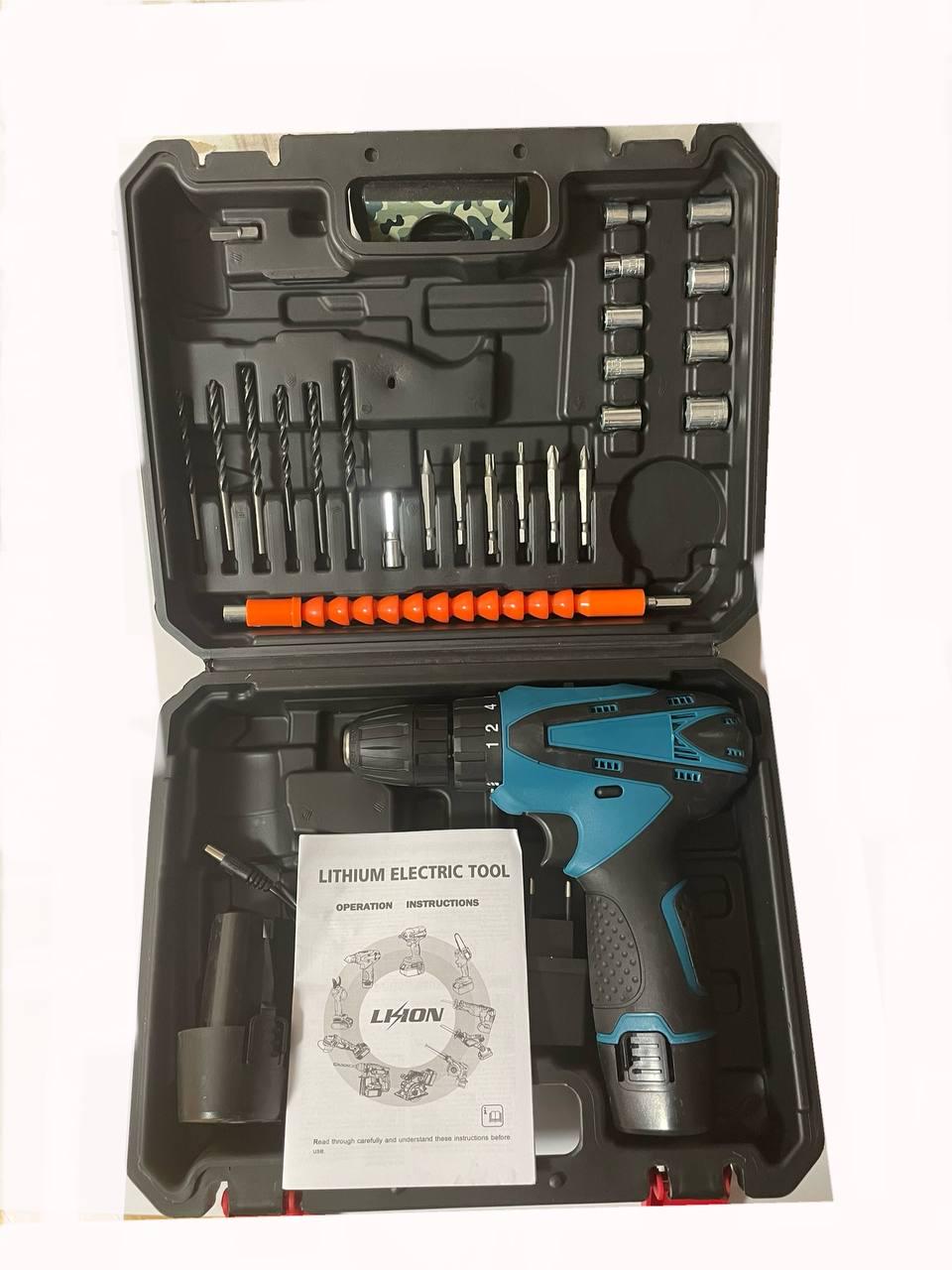 Шуруповерт із набором інструментів Lithium Electric Tool 12В 2Ач Li-Ion із двома акумуляторами у пластиковому кейсі Синій