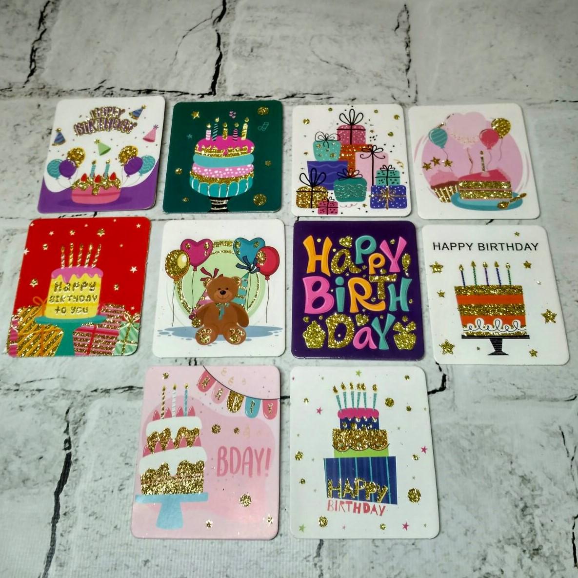 Открытки подарочные Happy birthday с блестками Микс 7,1х8,2 см 10 шт. (5504-3-1)