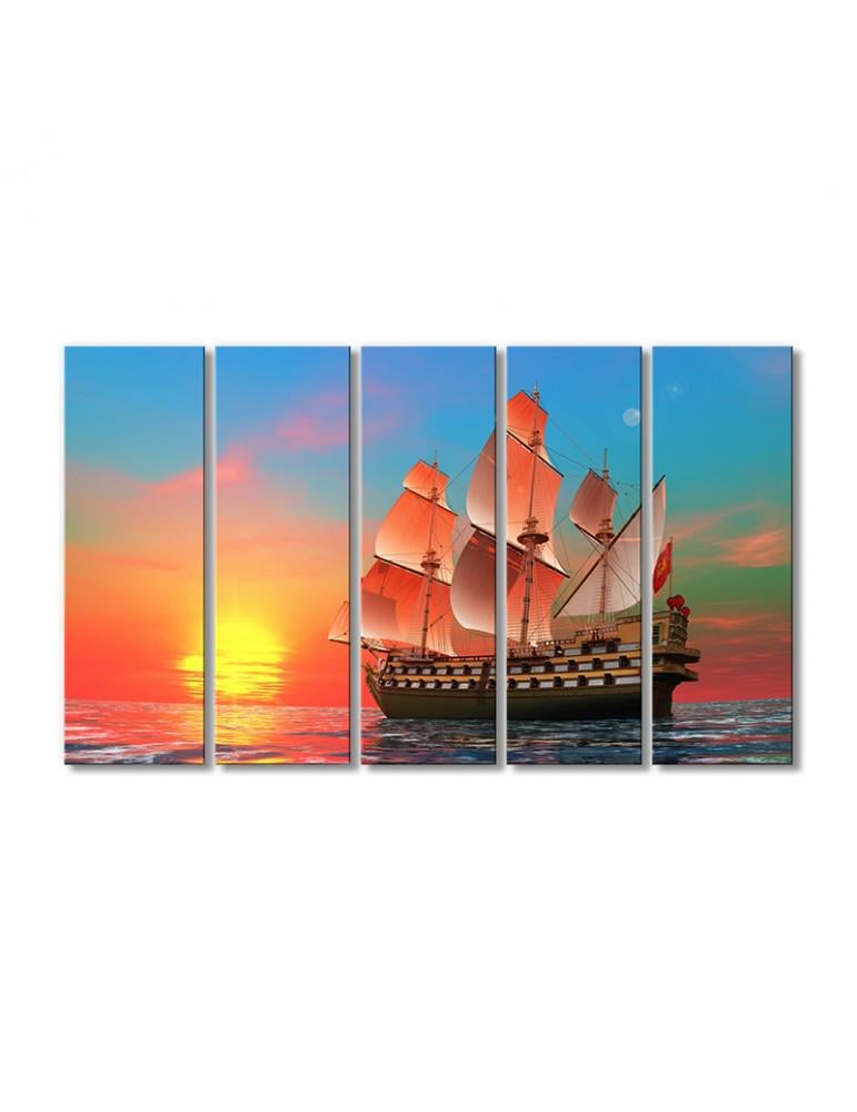 Картина модульная Радужный закат и корабль с парусами 5 модулей 90x135 см