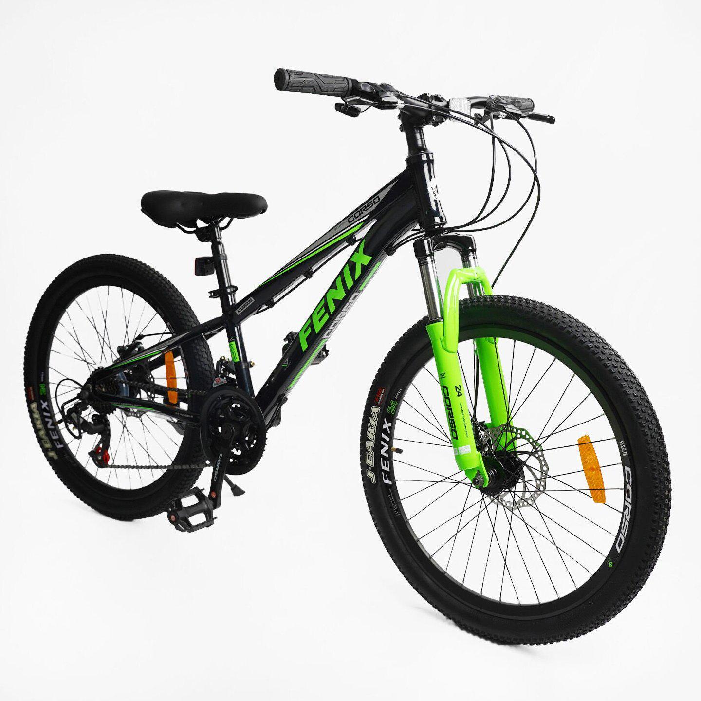 Велосипед горный Corso Fenix 24" подростковый алюминиевый Черно-зеленый - фото 2