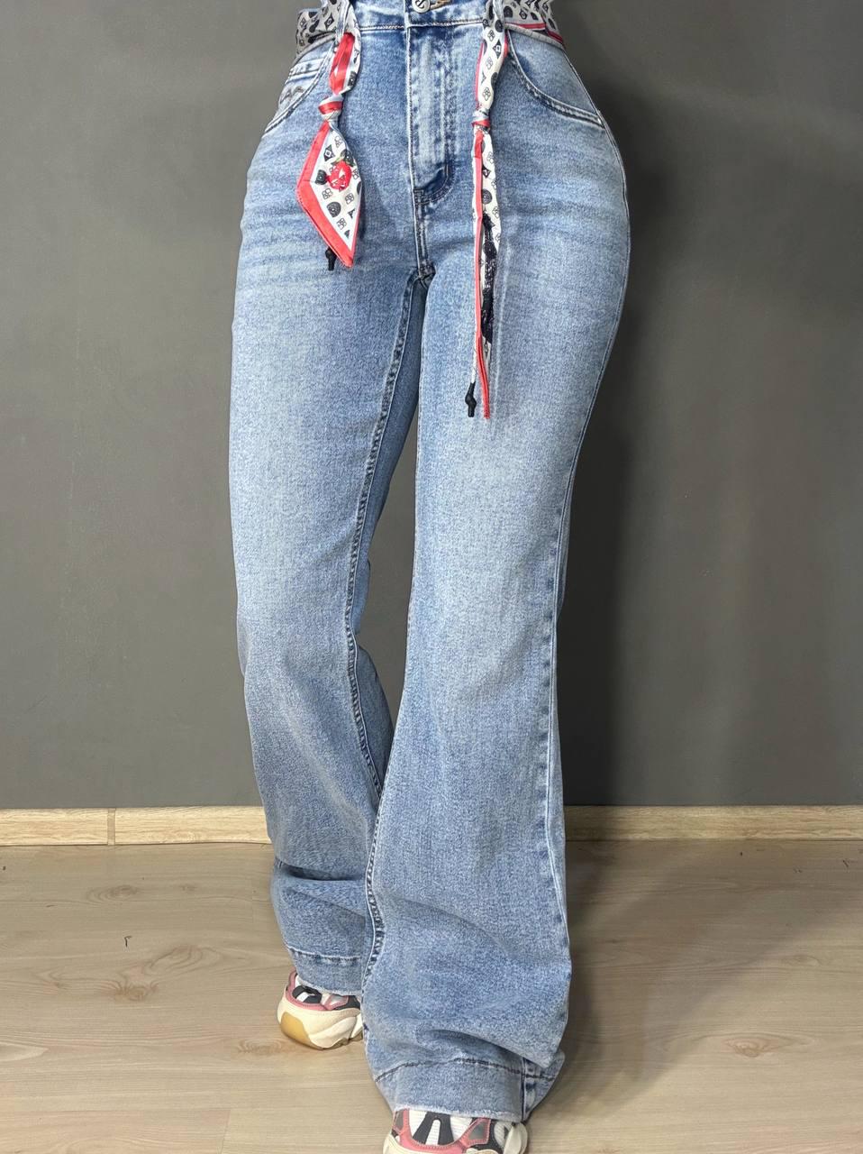 Джинсы женские Dragon 8330 flare клеш от колена с поясом увеличенные размеры р. 30 Голубой (6380)