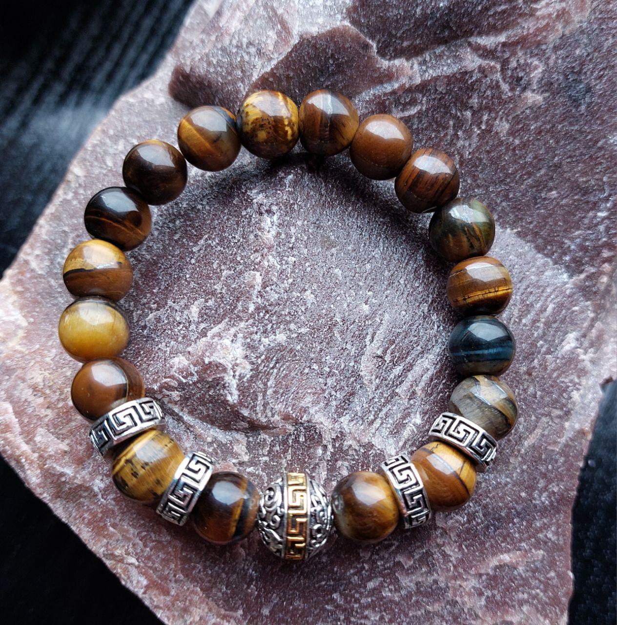 Браслет LITAURS из натуральных камней тигровый глаз и металлическими вставками М 15-17 см (250205)