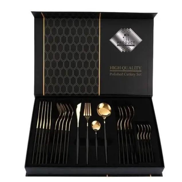 Набор столовых приборов Kitchen Ware из нержавеющей стали на 6 персон 24 шт. 40х26х6 см Черно-золотистый Набор столовых приборов Kitchen Ware из нержавеющей стали на 6 персон 24 шт. 40х26х6 см Черно-золотистый