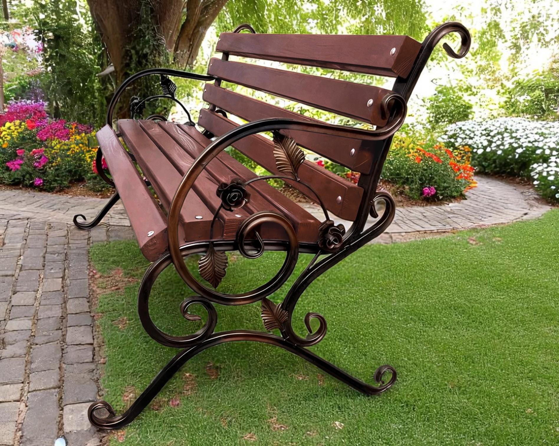 Скамейка садовая кованая Tobi Sho Камелия с подлокотниками 170 см Черешня - фото 1