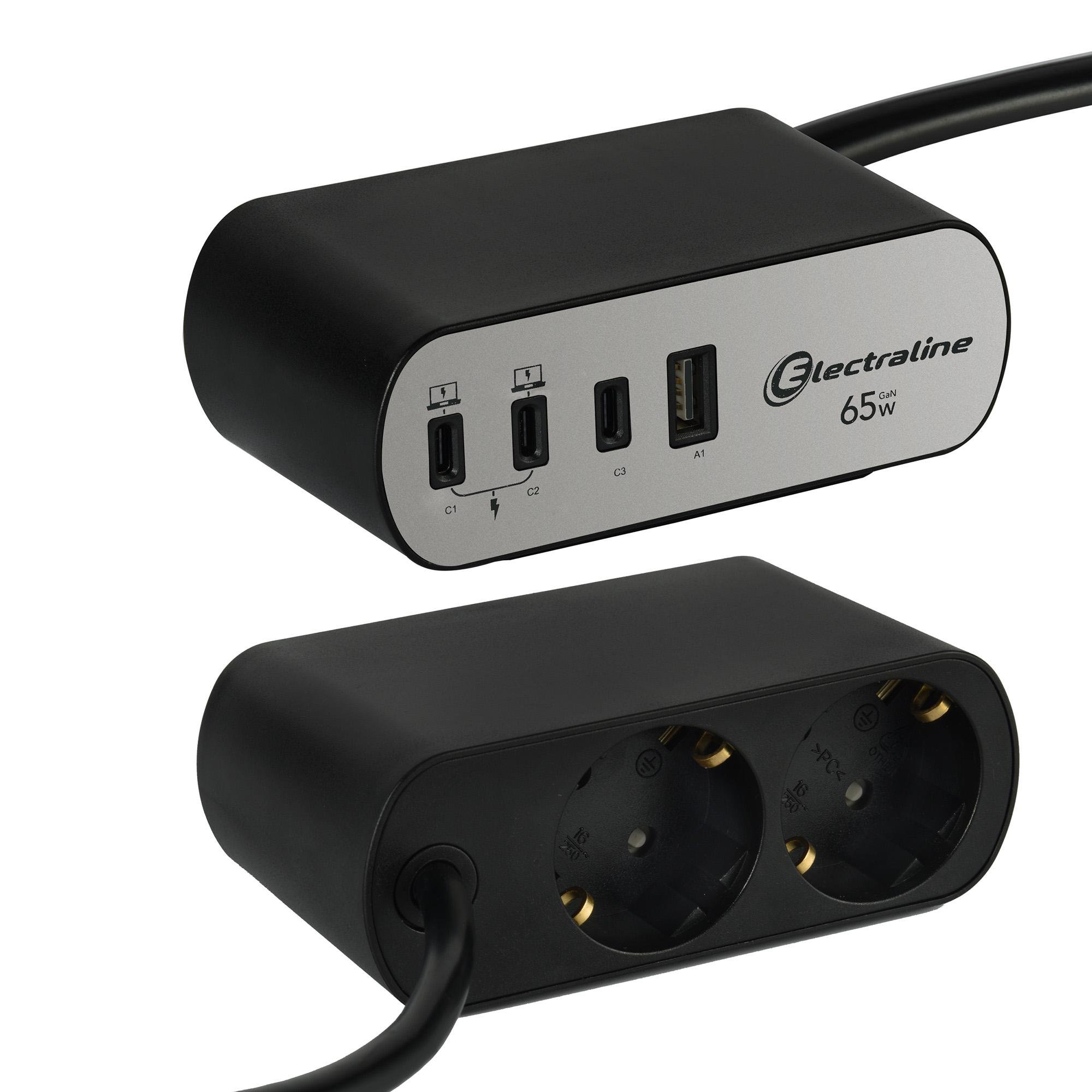 Зарядний блок із фіксатором Electraline Schuko 2 розетки 3хUSB-C PD 65 Вт /1хUSB-A 2 м Алюміній/Чорний - фото 2