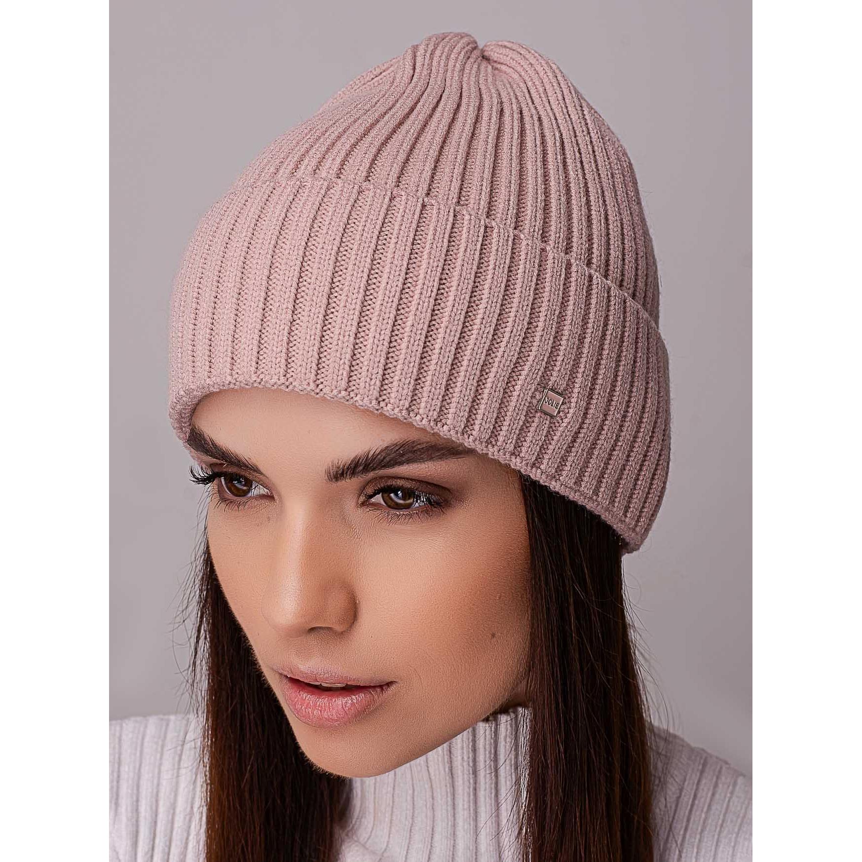 Шапка жіноча ковпак з відворотом без підкладки в широкий рубчик Leks Ковель Пудра - фото 1