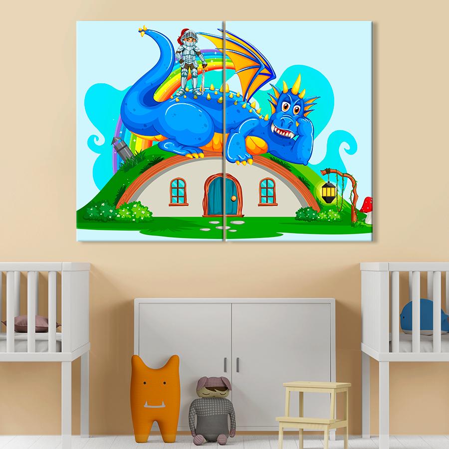 Картина в детскую комнату Сказочный дракон и рыцарь 71x51 см (A1457-2)