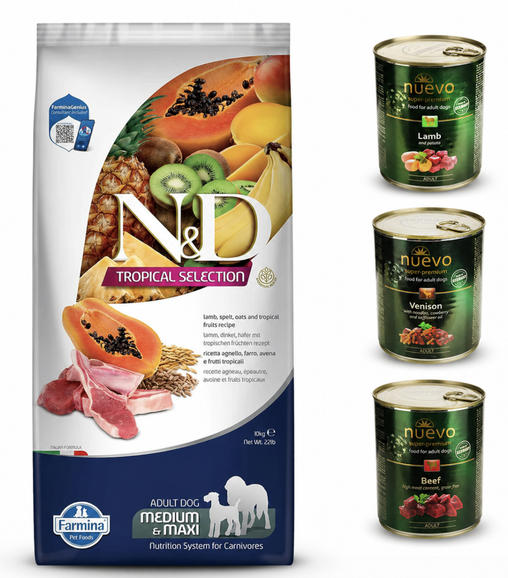 Набор корма для собак средних и крупных пород Farmina N&D Tropical Selection с ягненком полбой овсом и фруктами 10 кг консерва Nuevo 3 шт. по 400 г