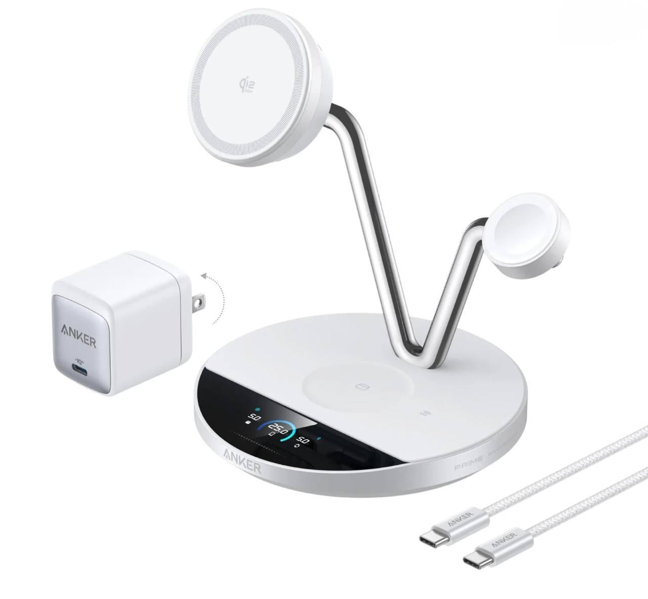 Беспроводное зарядное устройство Anker Prime MagSafe 3in1 Qi2 25W Smart Display with TEC Active Cooling White