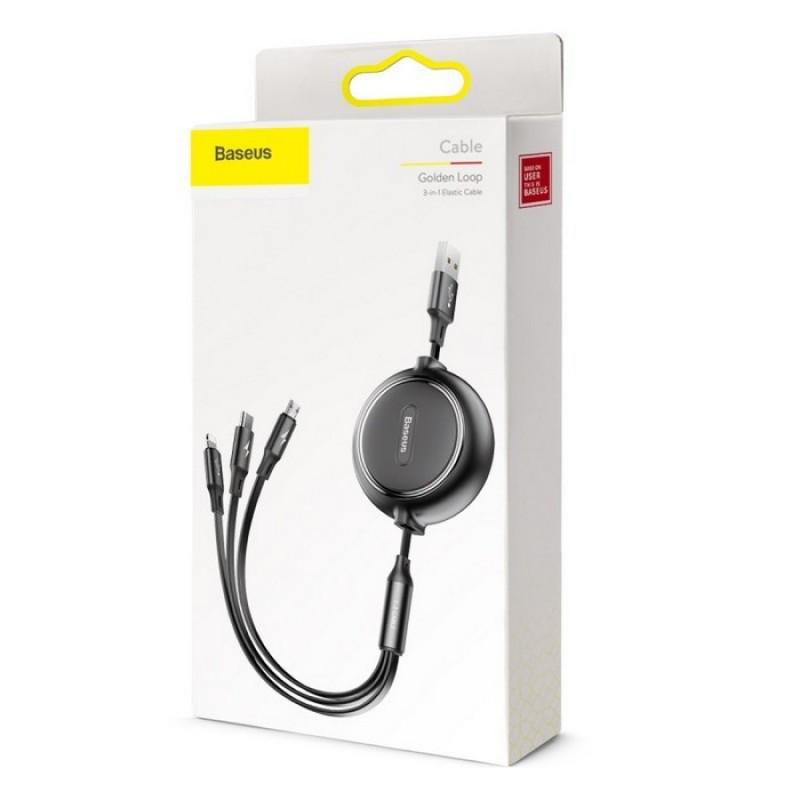 Кабель Baseus Golden Loop Three-in-One Elastic Data Cable USB for M+L+T 3,5A 1,2 м Black - фото 2