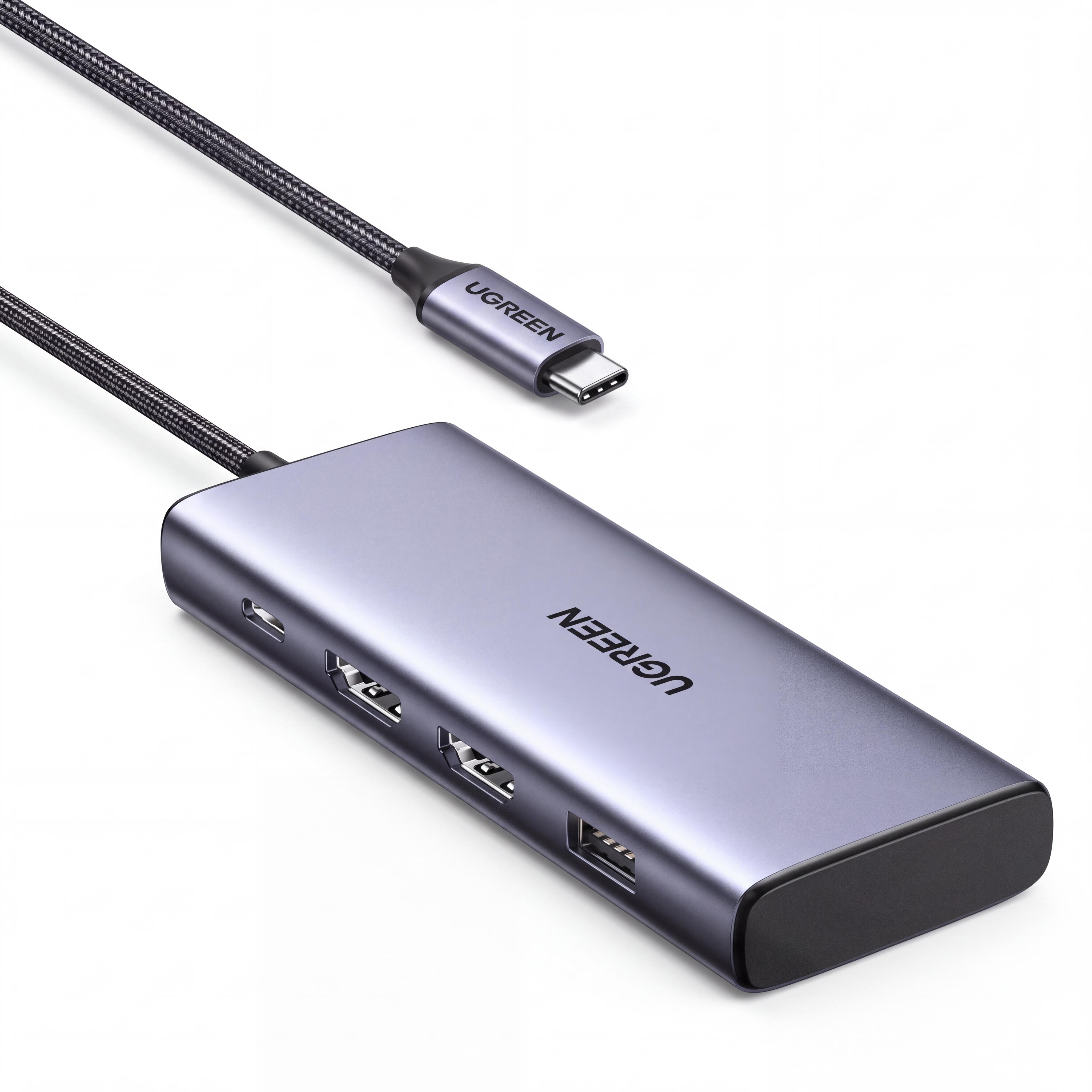 Док-станция USB-C UGREEN CM639 7в1 2 HDMI 3 USB-A 3.0 + USB-C 3.0 1 экран до 4K 30 Гц DP Alt Mode/Thunderbolt для HDMI вход PD до 100 Вт Серый (45107)