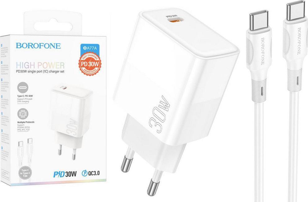 Зарядний пристрій Borofone BA77A QC3.0 Type C 30W кабель Type C White (36745)