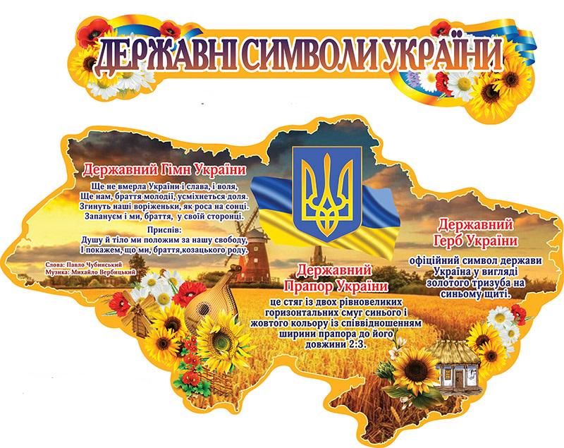 Стенд Державні символи на мапі України із заголовком (д-39987245)