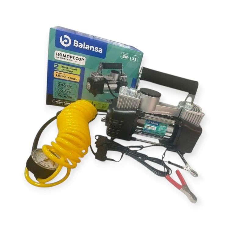 Компрессор 2 цилин Balansa 200W 10 атм 60 л 20А 5 м шланг/клеммы/насадки/сумка/фонарь (3064548703) Компрессор 2 цилин Balansa 200W 10 атм 60 л 20А 5 м шланг/клеммы/насадки/сумка/фонарь (3064548703)