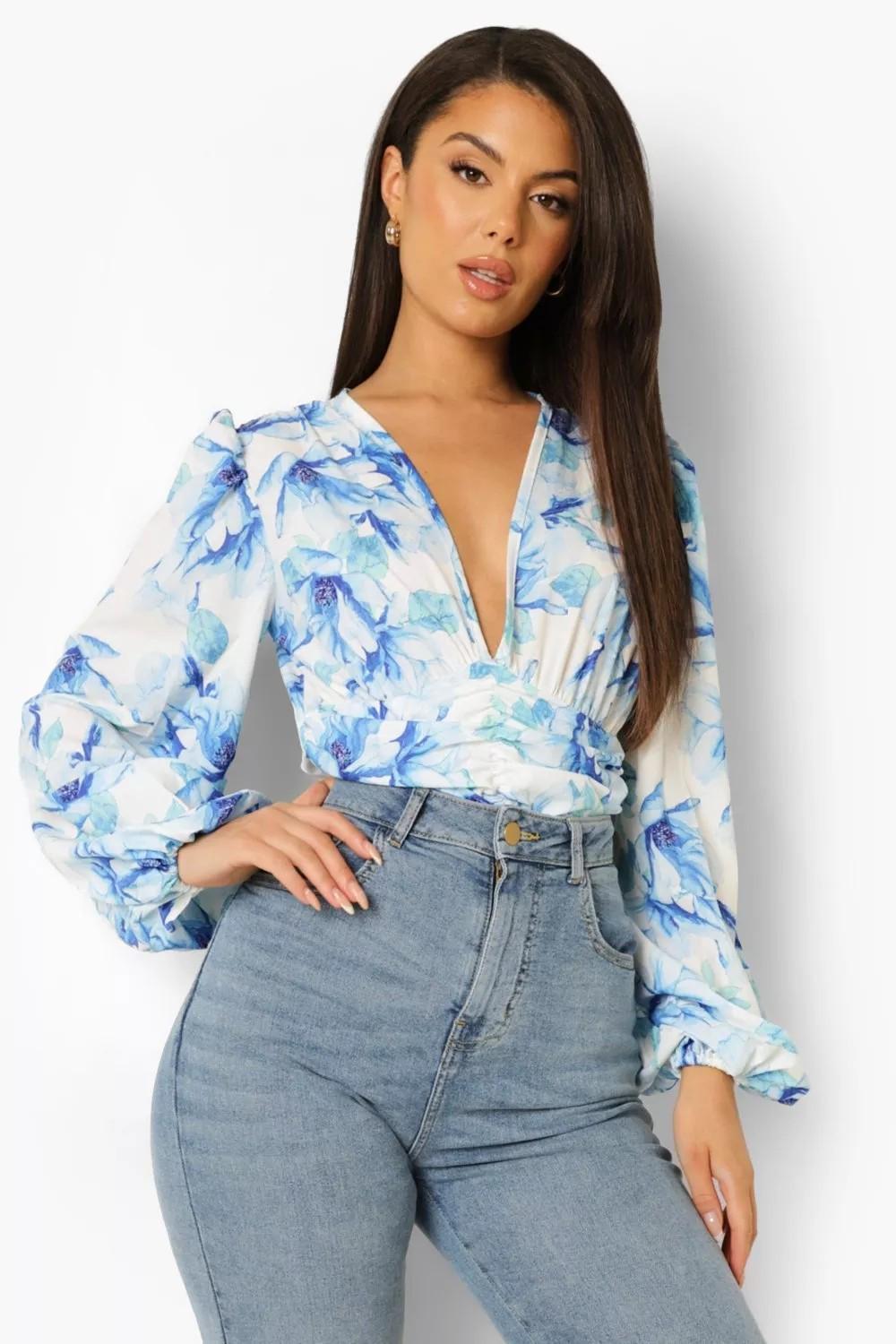 Боди-блуза Boohoo в цветочный принт L Голубой (10271)