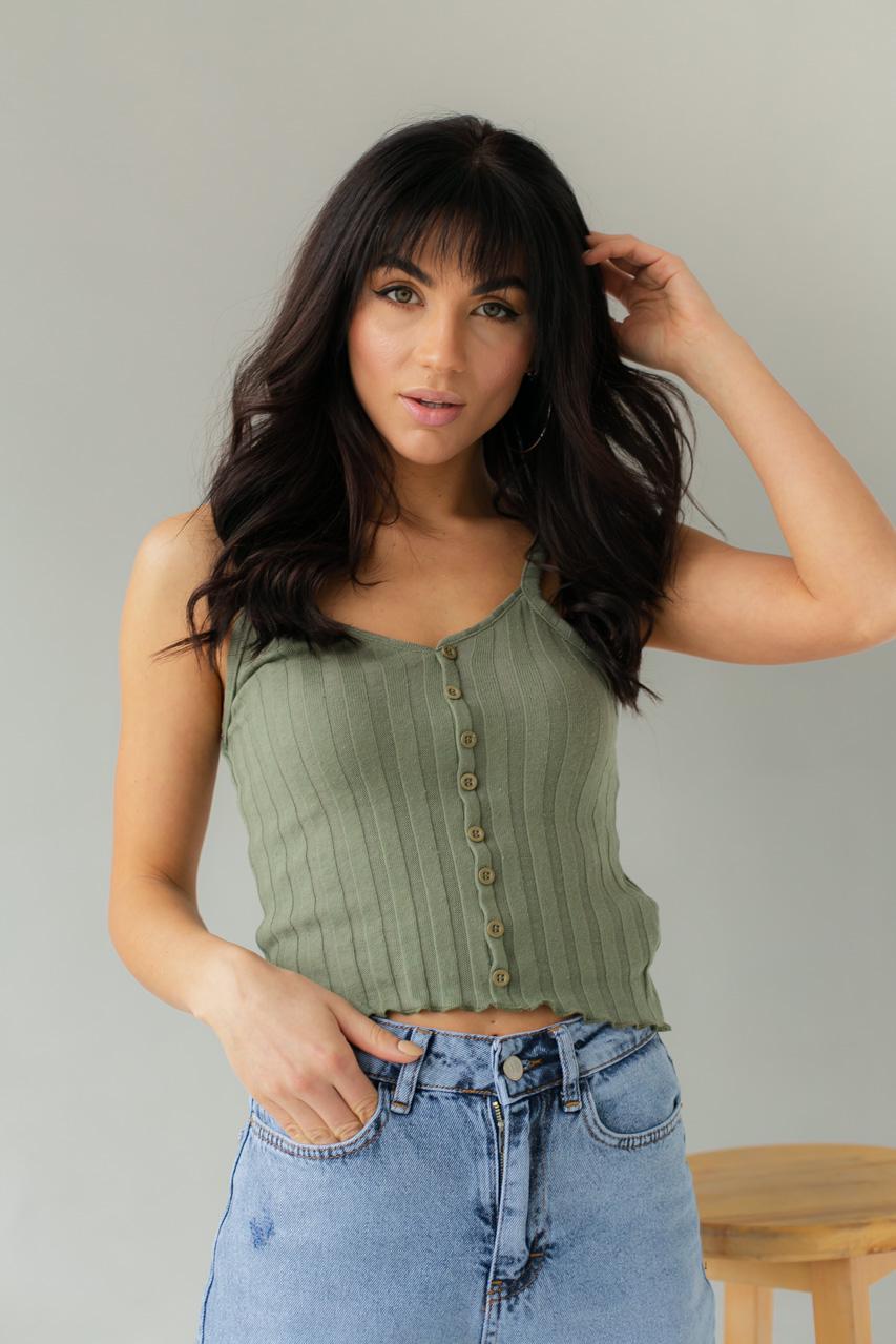 Майка женская на бретелях в широкий рубчик Busem L Хаки