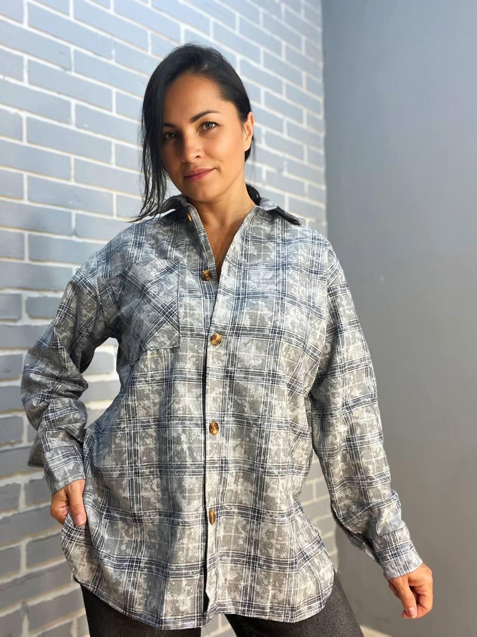 Рубашка женская Ariadna 2373 клетчатая оверсайз коттон варка OS Серый (2585)