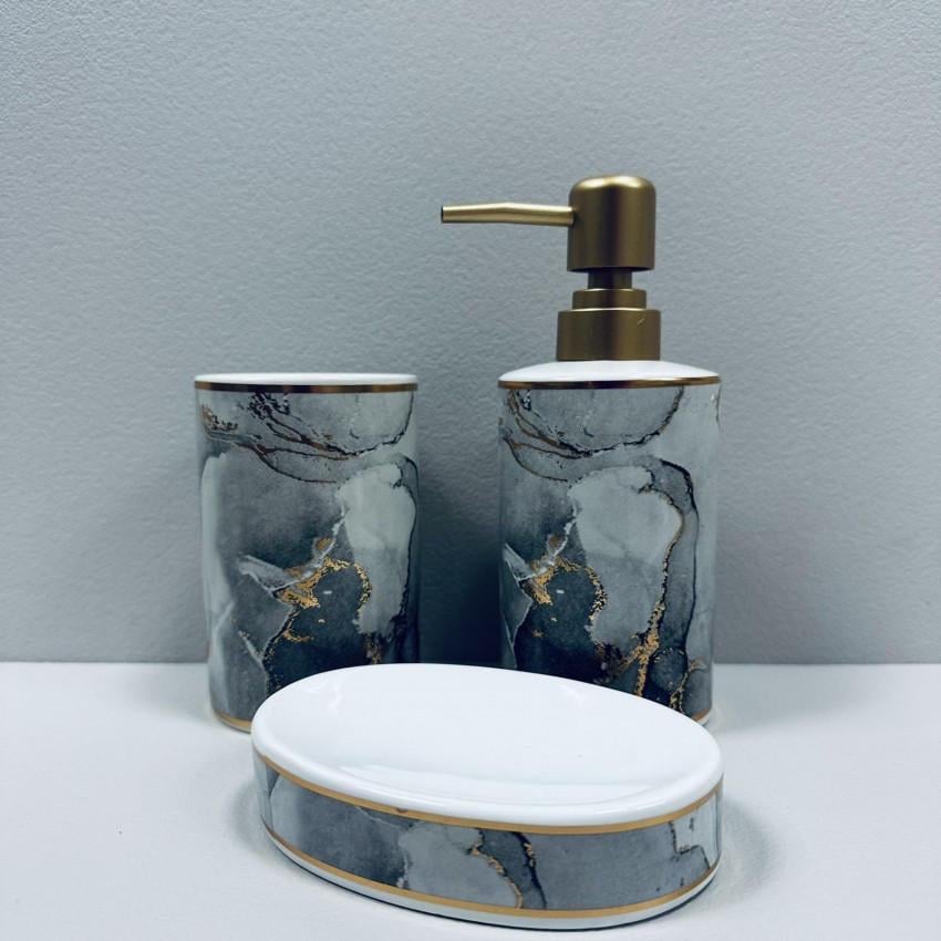Набор для ванной комнаты дозатор для мыла/стакан для зубных щеток/мыльница Серый мрамор с золотом (2509546441)