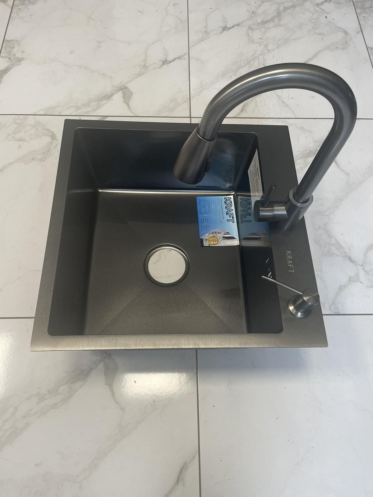 Мойка кухонная Kraft 5050 PVD Черный/крафт Kraft 3011 PVD с вытяжным изливом двухрежимный - фото 2