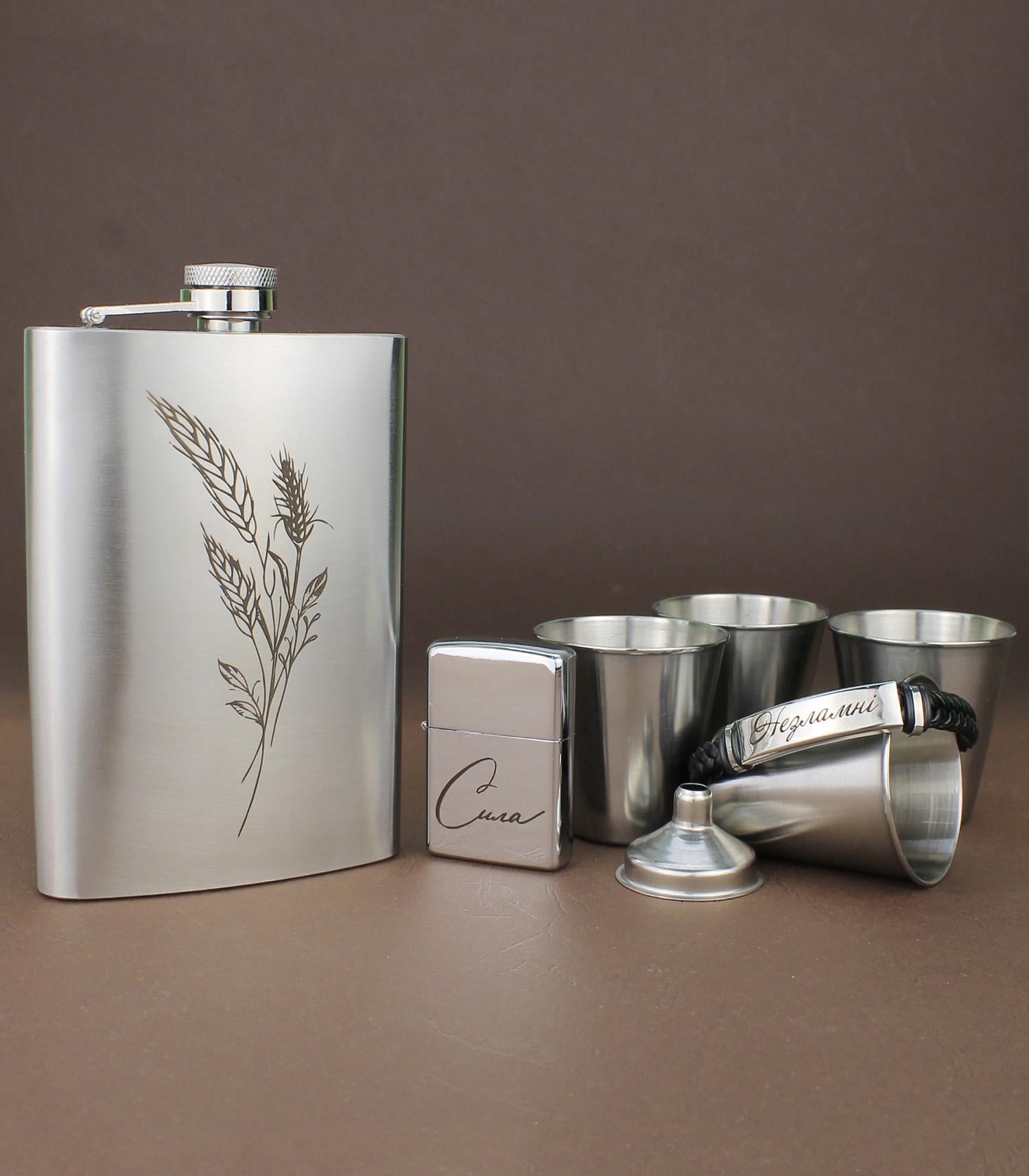 Набор фляги с гравировкой Колосья с воронкой/браслетом/стопками/зажигалкой (21-0020)