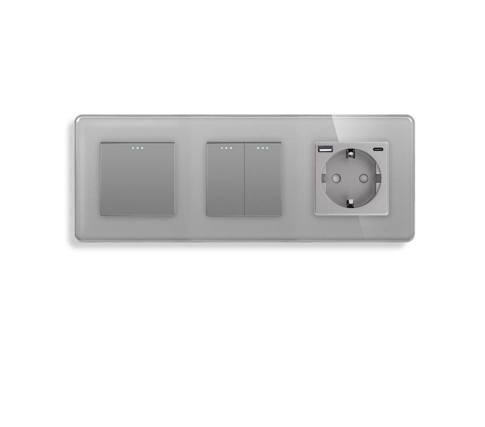 Выключатель проходной универсальный ELIOS 3-клавишный 1-2 с розеткой USB A+C 20Вт с заземлением 16А 230 В стекло Серый