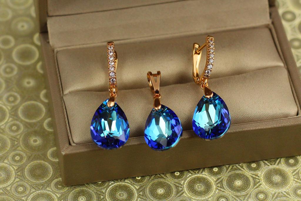 Набор Xuping Jewelry Большая капля с синим камнем Сваровски Золотистый (31936737)