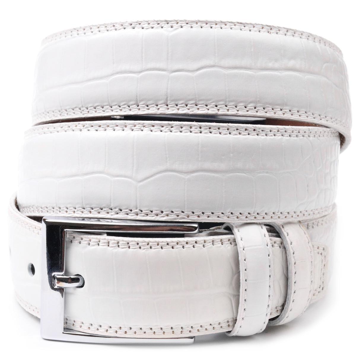 Ремень мужской брючный Karya Belt 21393 из натуральной кожи с тиснением под крокодила Белый