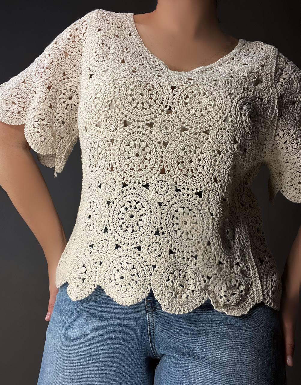 Блузка жіноча A-N 5303 мереживна в’язана з коротким рукавом OS Бежевий (26404724) - фото 2