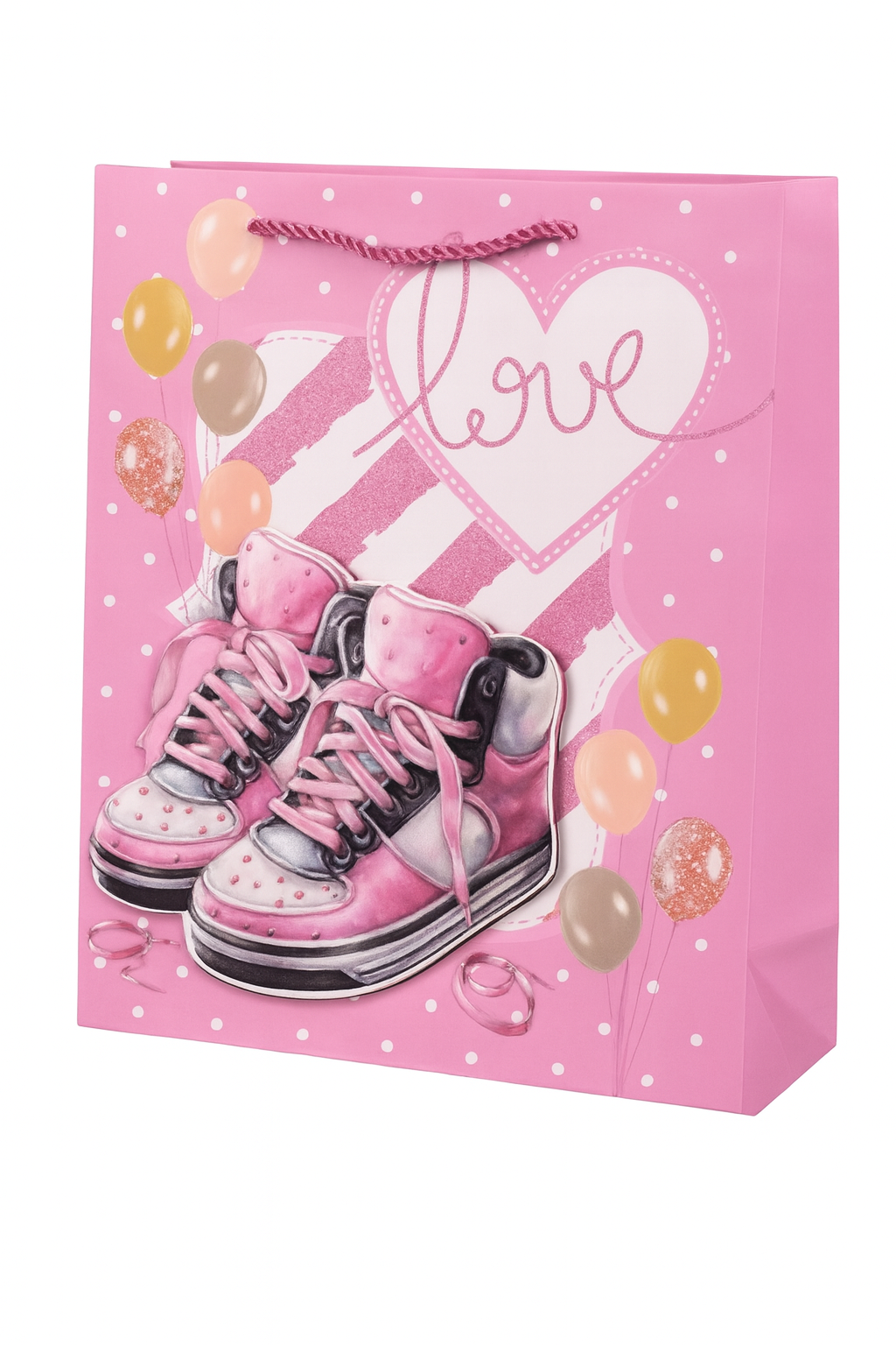 Подарунковий пакет з блискітками для дівчини Stenson Love 3D з принтом кеди 30х41,5х12 см Рожевий