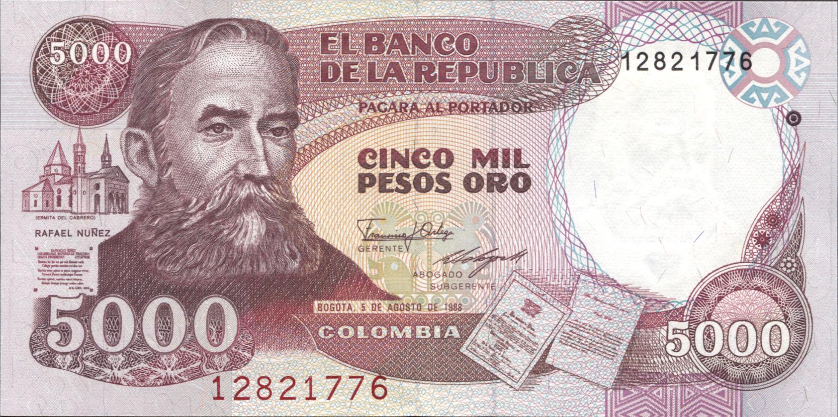 Коллекционная банкнота Колумбия 1988 5000 песо P435b UNC Коллекционная банкнота Колумбия 1988 5000 песо P435b UNC