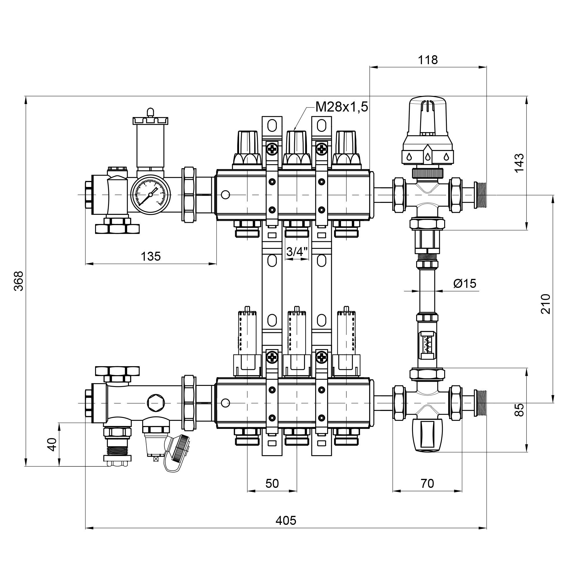 Колектор для теплої підлоги ICMA A1K013APH06 3 контури з витратомірами 1"/3/4" (78689) - фото 2