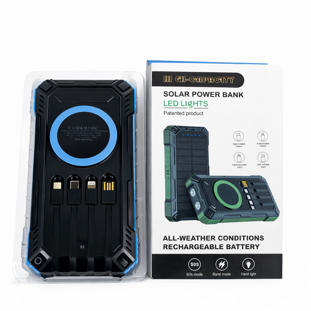 Повербанк туристичний з сонячною батареєю/бездротовою зарядкою і 4 вбудованими кабелями 22,5W 50000 mAh (SP268)