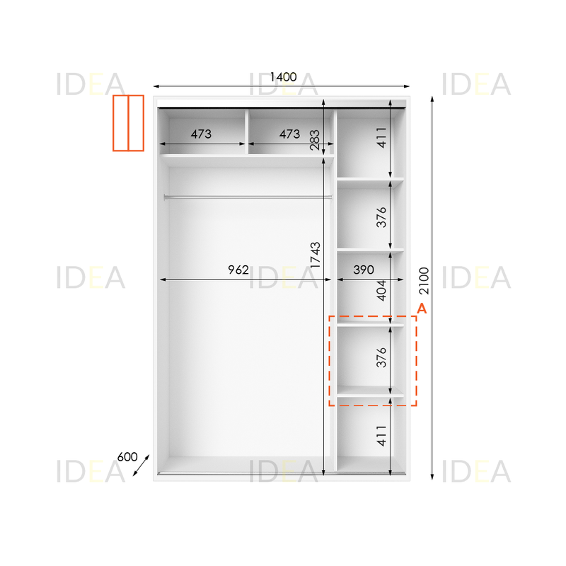 Шафа-купе Idea серія 5 дзеркало 140х60х210 см Білий (1459) - фото 2 Шафа-купе Idea серія 5 дзеркало 140х60х210 см Білий (1459) - фото 2