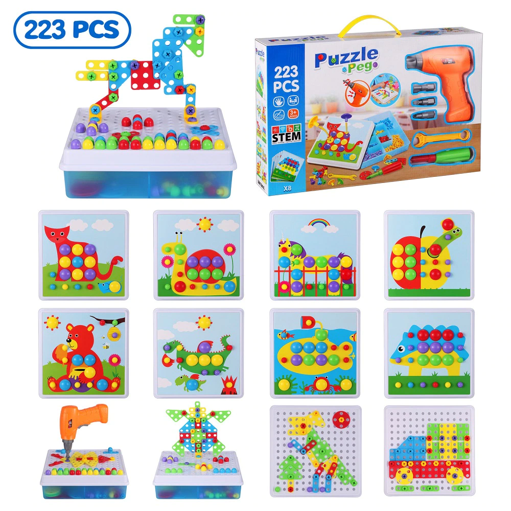 Детский 3D конструктор Puzzle Peg 4в1 с шуруповертом и электроотверткой 224 деталей с боксом для хранения - фото 2