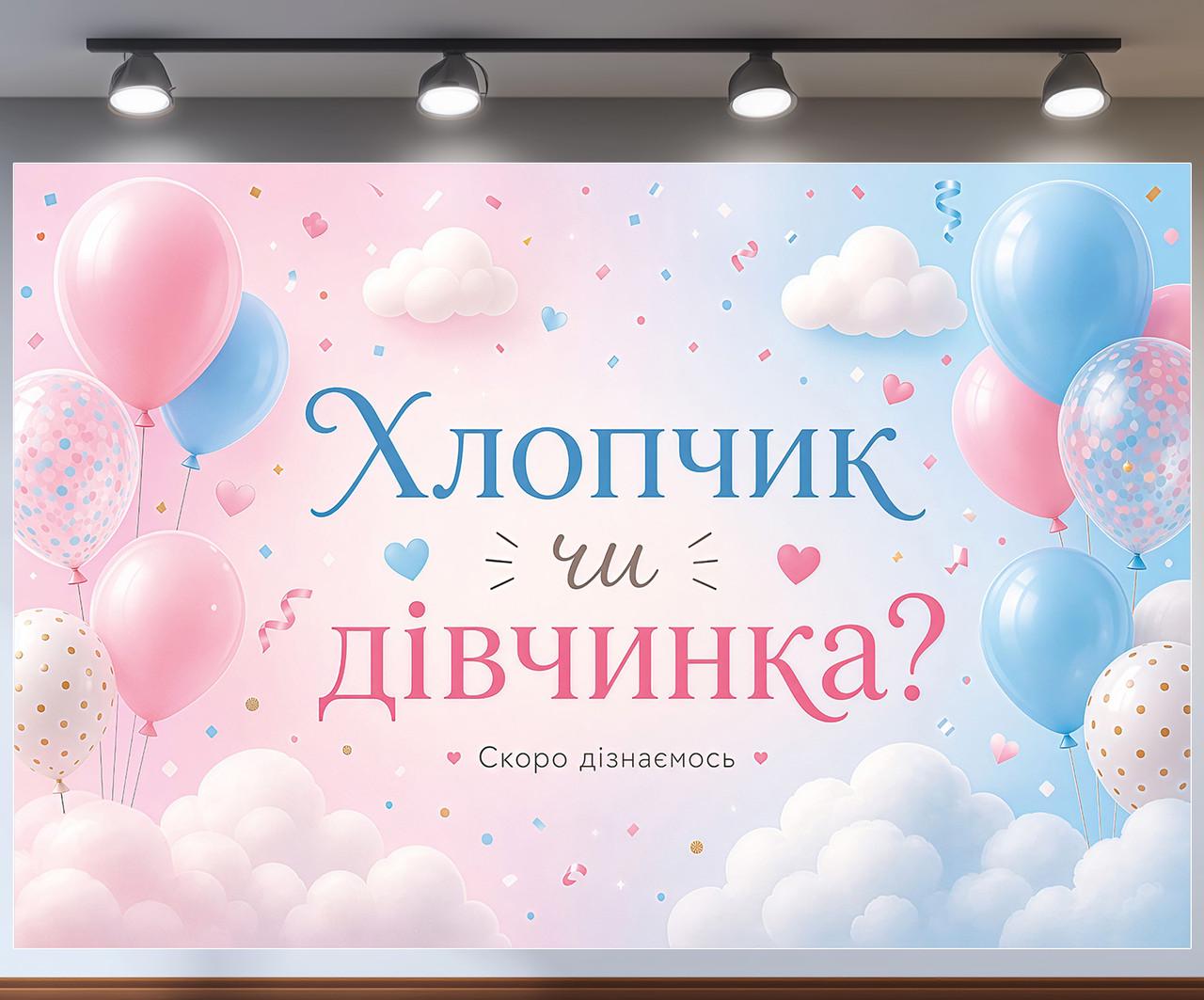 Плакат баннер на Гендер пати Мальчик или девочка нежные облака и шарики 180x120см, №48810 Плакат баннер на Гендер пати Мальчик или девочка нежные облака и шарики 180x120см, №48810