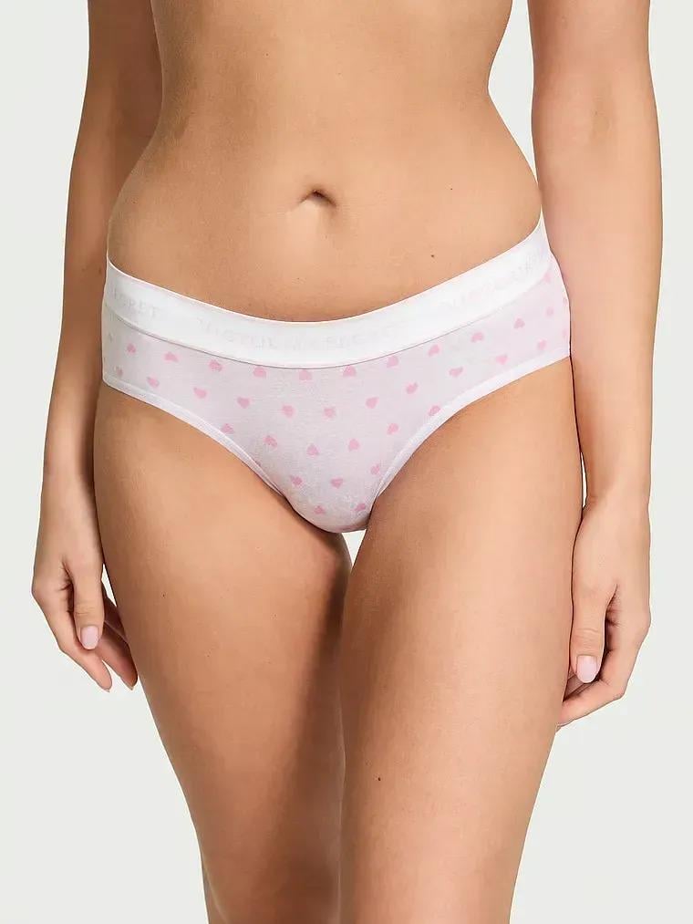 Трусики хлопковые Victoria's Secret Logo Cotton Hiphugger Panty White & Pink Hearts M Белый (26987594)