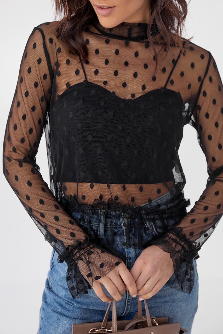 Блуза прозора Hello Kiss! з фатину в горошок L Чорний - фото 6 Блуза прозора Hello Kiss! з фатину в горошок L Чорний - фото 6