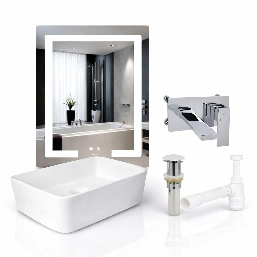 Готовый комплект для ванной под ключ LED-зеркало 600х800 мм и раковина 480х370 мм и смеситель скрытого монтажа Gemini и донный клапан/сифон
