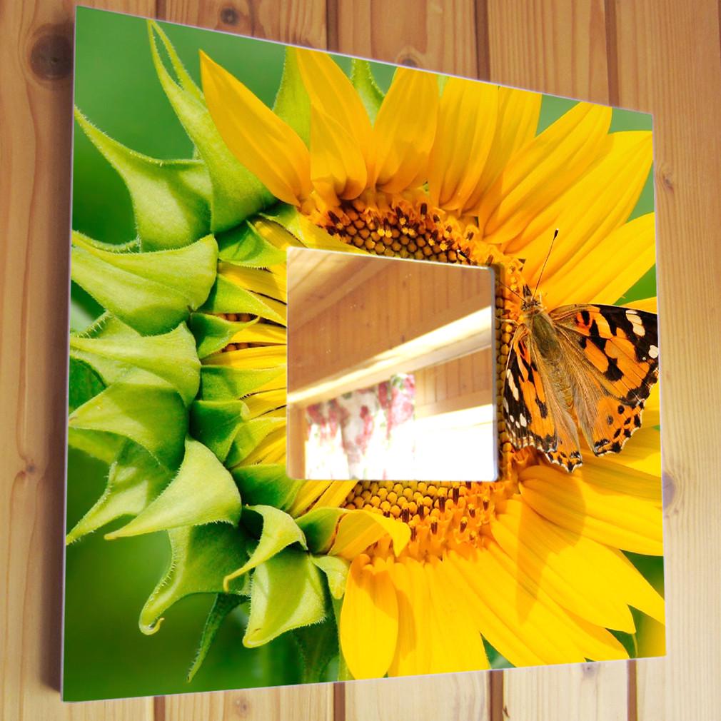 Зеркало декоративное на кухню Подсолнечник и бабочка 260х260 мм (M00570)