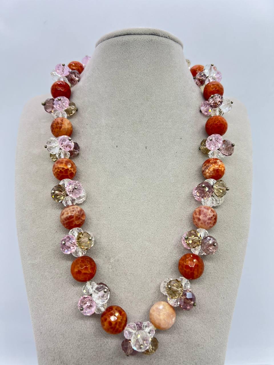 Бусы сердолик и стекло 14 мм 48 см Коричневый (11096)