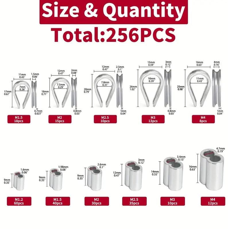 Набір затисків та коушів для троса M1.2/M1.5/M2/M2.5/M3/M4 258 шт. Spec (SP-066258) - фото 7 Набір затисків та коушів для троса M1.2/M1.5/M2/M2.5/M3/M4 258 шт. Spec (SP-066258) - фото 7