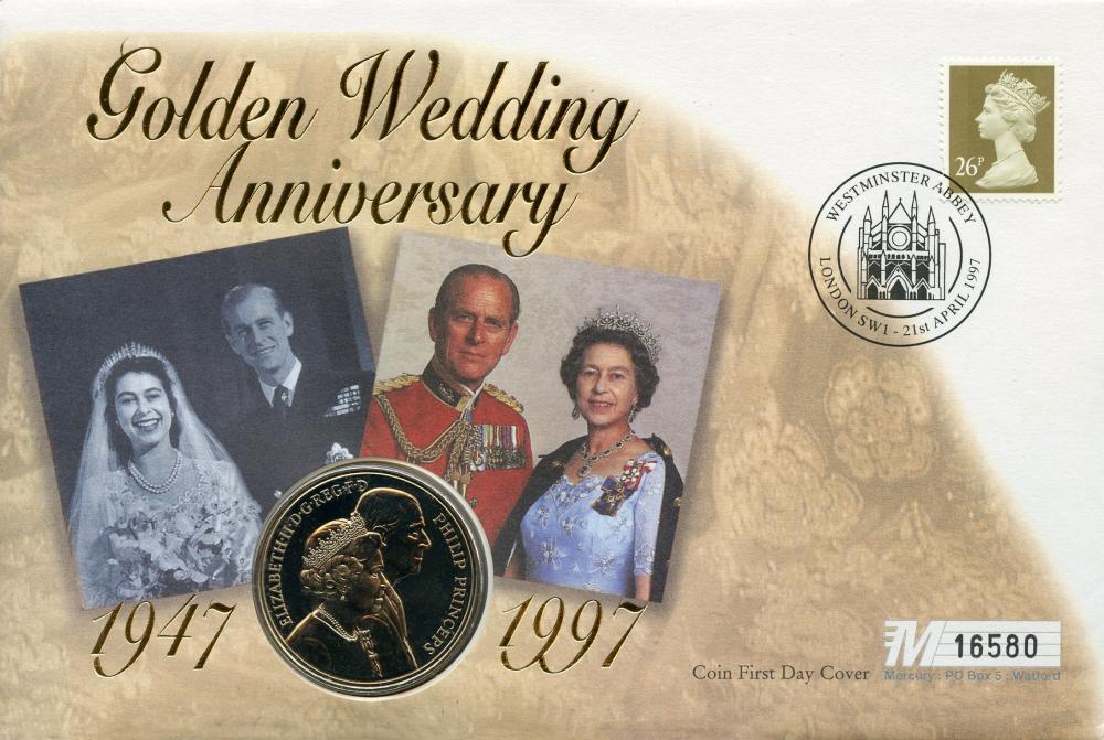Коллекционная монета Великобритания 5 фунтов 1997 UNC Золотая свадьба Королевы и Принца Филиппа Сувенир (KM#977)