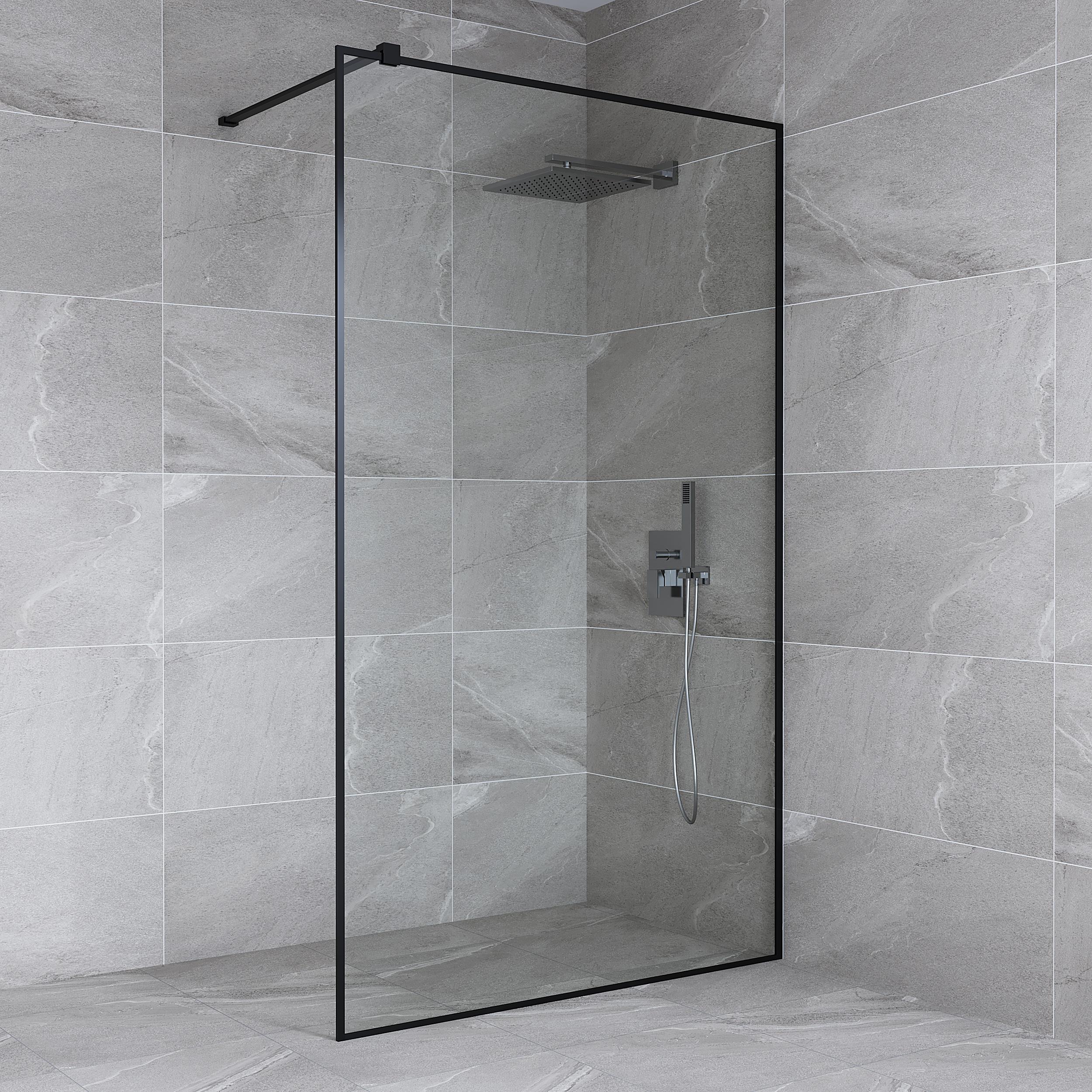 Перегородка для душа стеклянная 800х2000 мм прозрачная Angie в профиле черного цвета по периметру