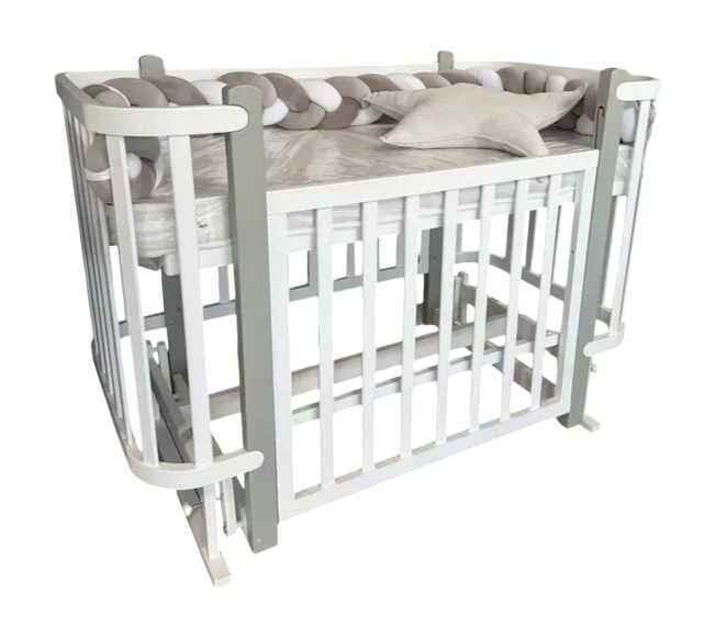 Кроватка детская Prestige 2в1 матрас/маятник продольный/колесики/дерево бук Белый с серым