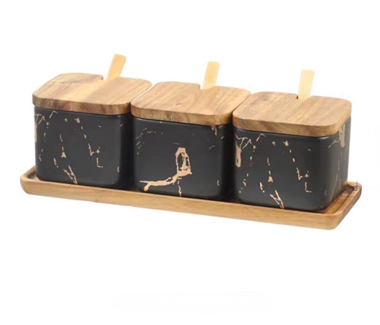 Набір ваз для сипучих з кераміки на дерев'яному підносі 3 шт. Чорний (ST0390)
