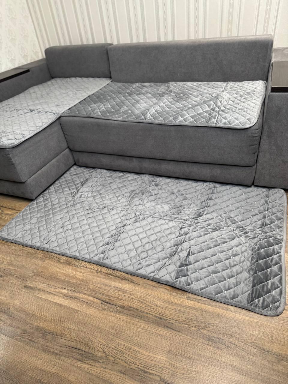 Комплект велюровий покривало на диван 90х210 см/накидки 2 шт. 90х160 см Сірий (П4К-am-divandek-0021) - фото 8