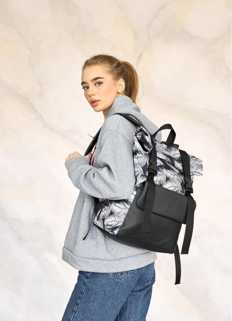 Рюкзак женский Sambag Roll Top Milton с принтом Palm 41х30х16 см Черный (24251720)